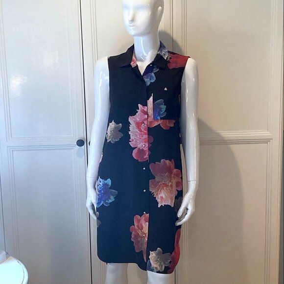 Calvin Klein Floral Sleeveless Button Down Dress - Black Pink Blue Cream Size 4 - Picture 1 of 11